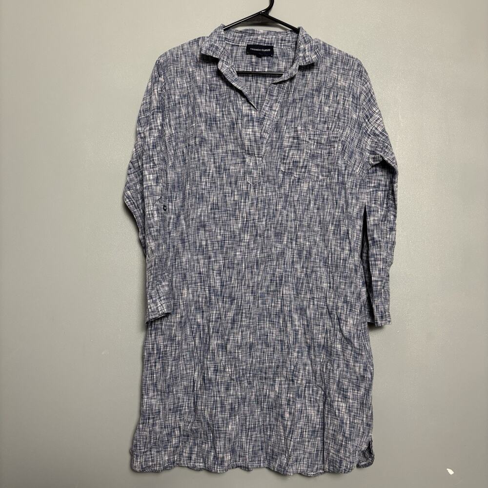 French Curve Womens Shirt Dress Medium Gray 100% Linen Lagenlook Roll Tab Beachy
